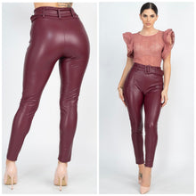 Load image into Gallery viewer, High waisted faux leather belted pants