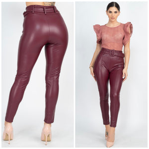 High waisted faux leather belted pants
