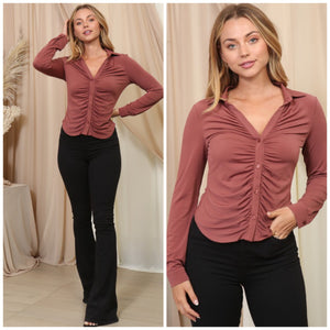AMELIA ruched collared button down top in red brown