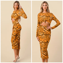 Load image into Gallery viewer, Tiger print front cut out midi dress