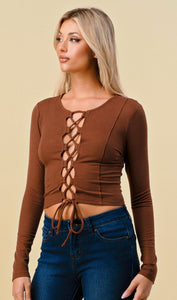 KARINA Lace up front top in choco