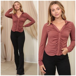 AMELIA ruched collared button down top in red brown