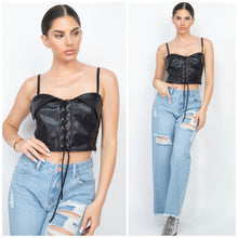 Load image into Gallery viewer, Faux leather crop lace up top