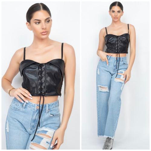 Faux leather crop lace up top