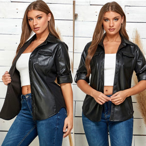 BECKY Button down faux leather shirt in black