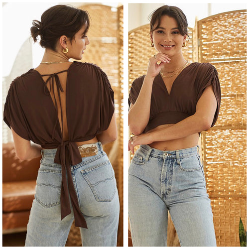 Kimono gathered sleeve crop top