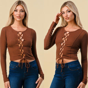 KARINA Lace up front top in choco