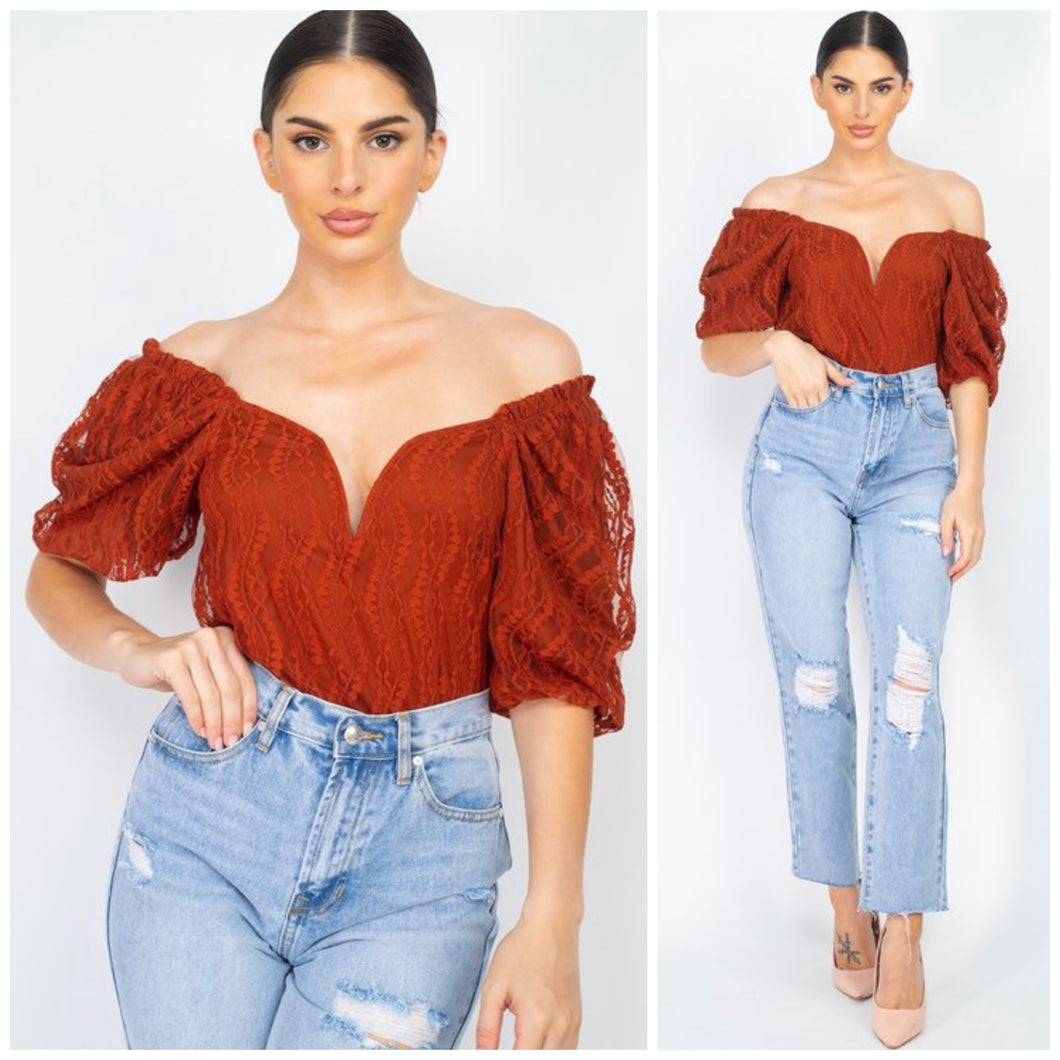 Off the shoulder lace overlay blouse