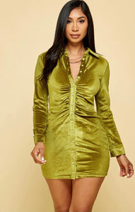 CAMILA Citrine green velvet ruched button down dress