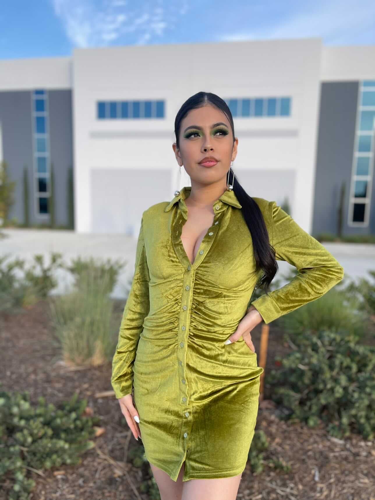 CAMILA Citrine green velvet ruched button down dress ShopGoGirl CAMILA Citrine green velvet ruched button down dress ShopGoGirl