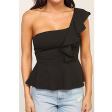 Load image into Gallery viewer, One shoulder ruffle detail top in black